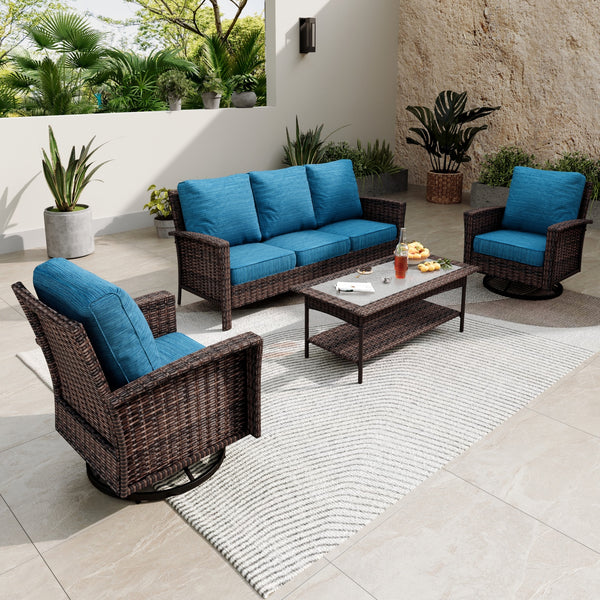5-Seater Garden Vintage Swivel Rattan Sofa Sets with Wicker Table