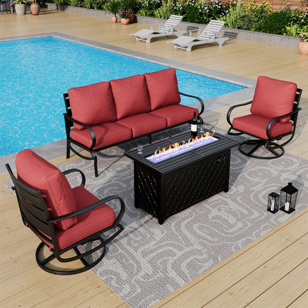 5-Seater Patio Metal Wave Sofa Set with Fire Pit Table