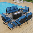 9-Seater Patio Metal Wave Sofa Sets With Fire Pit Table