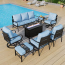 9-Seater Patio Metal Wave Sofa Sets With Fire Pit Table