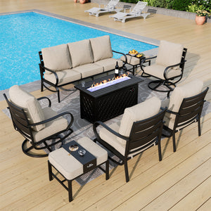 9-Seater Patio Metal Wave Sofa Sets With Fire Pit Table