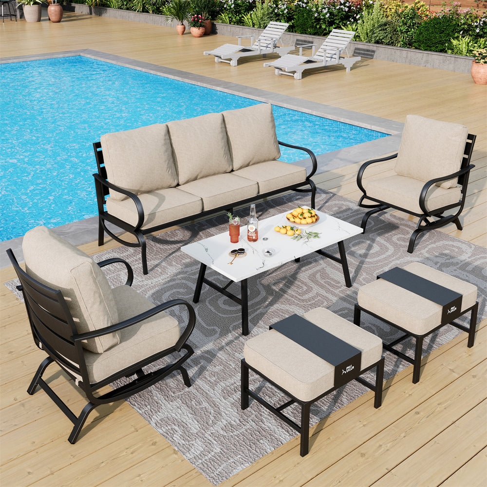 7-Seater Patio Metal Wave Sofa Set with Coffee Table & Ottomans