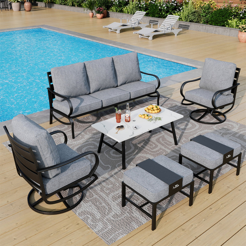 Phi Villa 7-Seater Patio Steel Conversation Sofa Set With Coffee Table & Ottomans