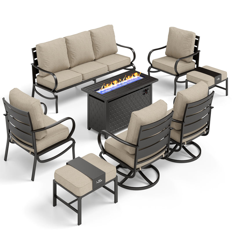 Phi Villa Outdoor Steel Swivel Sofa Sets With Leather Grain Fire Pit Table for Sale