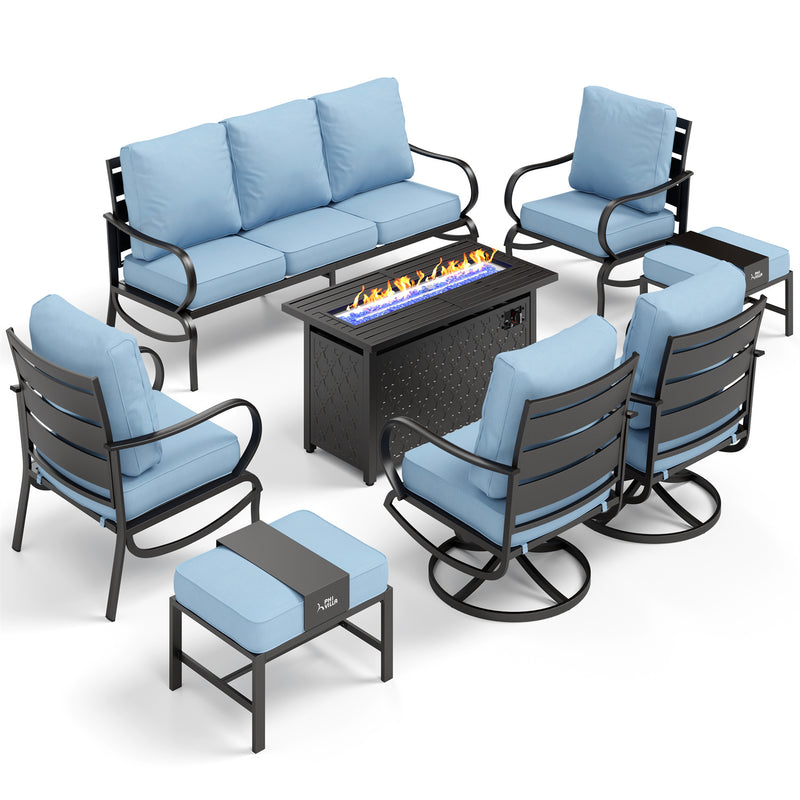 Phi Villa Outdoor Steel Swivel Sofa Sets With Leather Grain Fire Pit Table for Sale