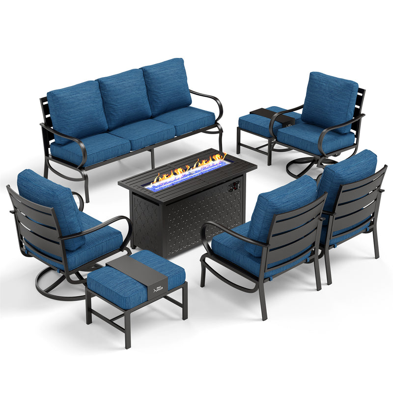 Phi Villa 9-Seater Patio Steel Conversation Sofa Sets With Leather Grain Fire Pit Table