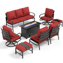 9-Seater Patio Metal Wave Sofa Sets With Fire Pit Table