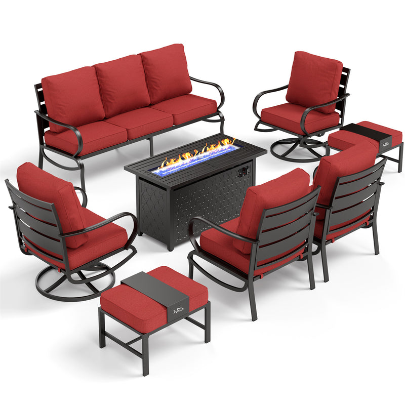 Phi Villa 9-Seater Patio Steel Conversation Sofa Sets With Leather Grain Fire Pit Table