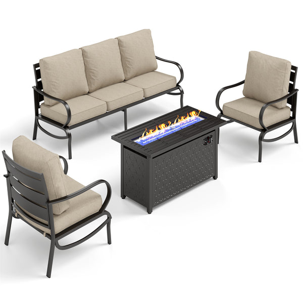 5-Seater Patio Metal Wave Sofa Set with Fire Pit Table