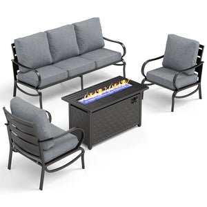 5-Seater Patio Metal Wave Sofa Set with Fire Pit Table