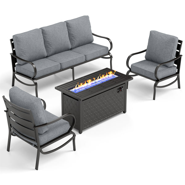 5-Seater Patio Metal Wave Sofa Set with Fire Pit Table