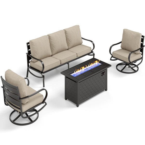 5-Seater Patio Metal Wave Sofa Set with Fire Pit Table