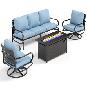 5-Seater Patio Metal Wave Sofa Set with Fire Pit Table