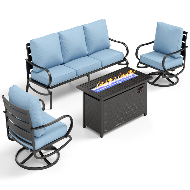 Phi Villa Outdoor Steel Swivel Sofa Sets With Leather Grain Fire Pit Table for Sale