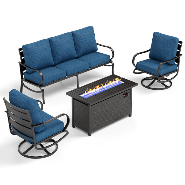 5-Seater Patio Metal Wave Sofa Set with Fire Pit Table