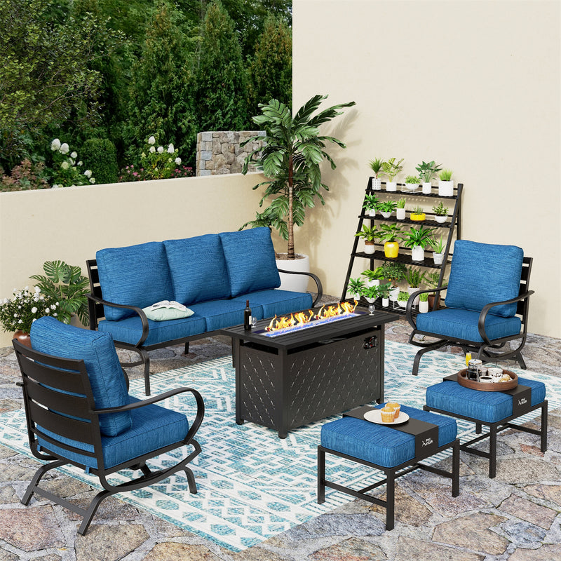 Phi Villa 7-Seater Patio Steel Conversation Sofa Sets With Leather Grain Fire Pit Table