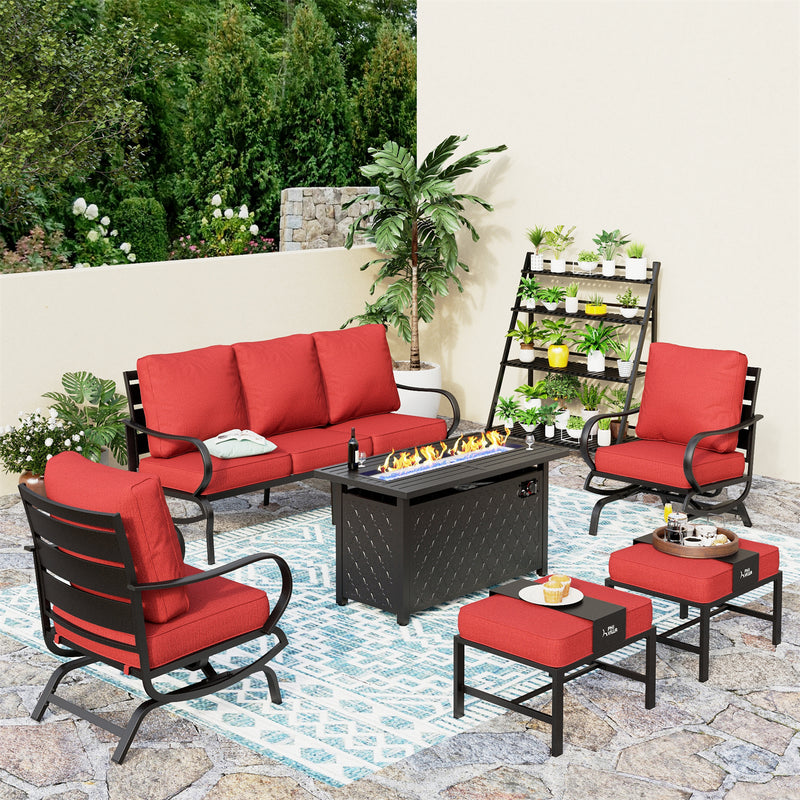 Phi Villa 7-Seater Patio Steel Conversation Sofa Sets With Leather Grain Fire Pit Table
