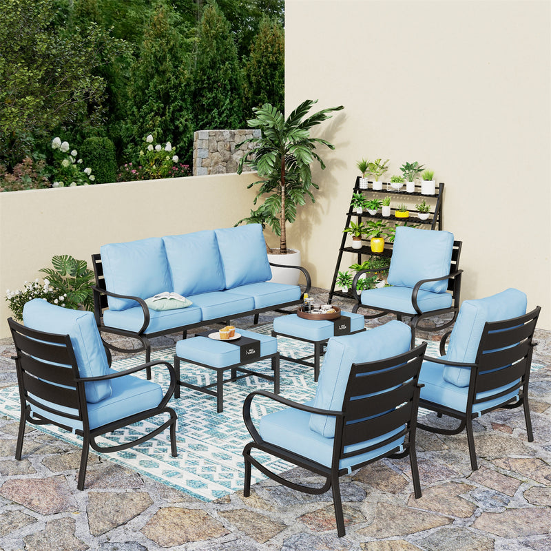 Phi Villa 9-Seater Patio Steel Sofa With Cushions And Multi-functional Ottomans