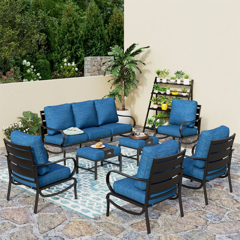 Phi Villa 9-Seater Patio Steel Sofa With Cushions And Multi-functional Ottomans
