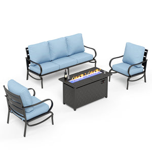 5-Seater Patio Metal Wave Sofa Set with Fire Pit Table
