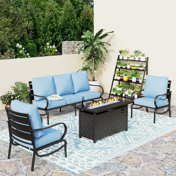 5-Seater Patio Metal Wave Sofa Set with Fire Pit Table