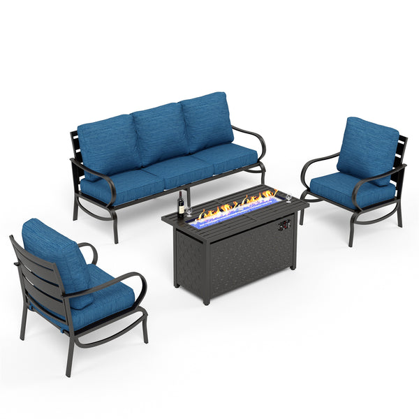5-Seater Patio Metal Wave Sofa Set with Fire Pit Table