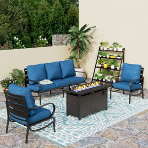5-Seater Patio Metal Wave Sofa Set with Fire Pit Table
