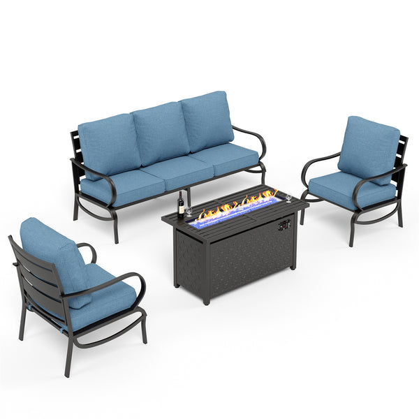 5-Seater Patio Metal Wave Sofa Set with Fire Pit Table