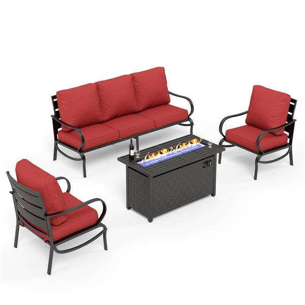 5-Seater Patio Metal Wave Sofa Set with Fire Pit Table