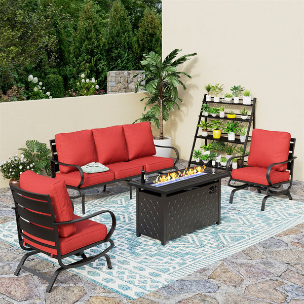 5-Seater Patio Metal Wave Sofa Set with Fire Pit Table