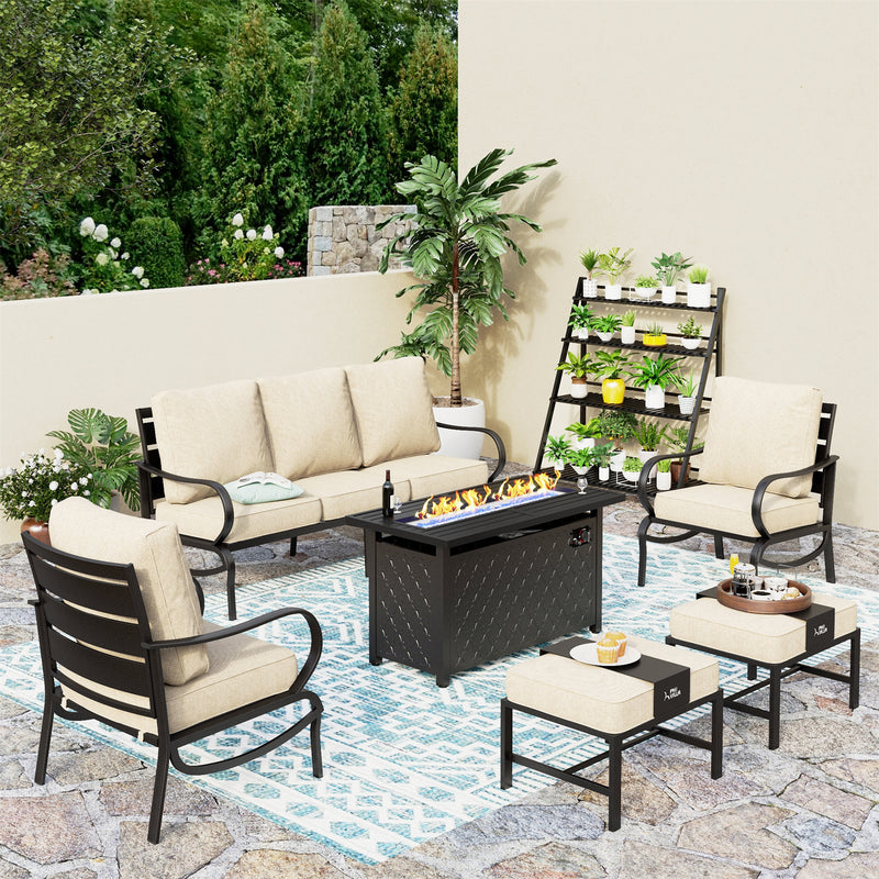 Phi Villa 7-Seater Patio Steel Conversation Sofa Sets With Leather Grain Fire Pit Table