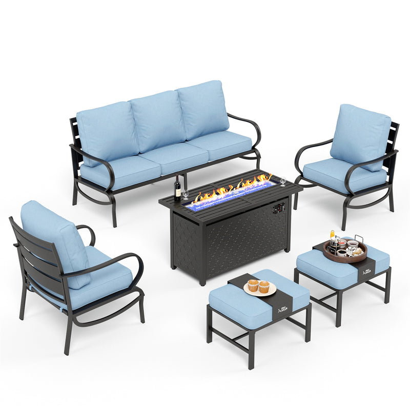 Phi Villa 7-Seater Patio Steel Conversation Sofa Sets With Leather Grain Fire Pit Table