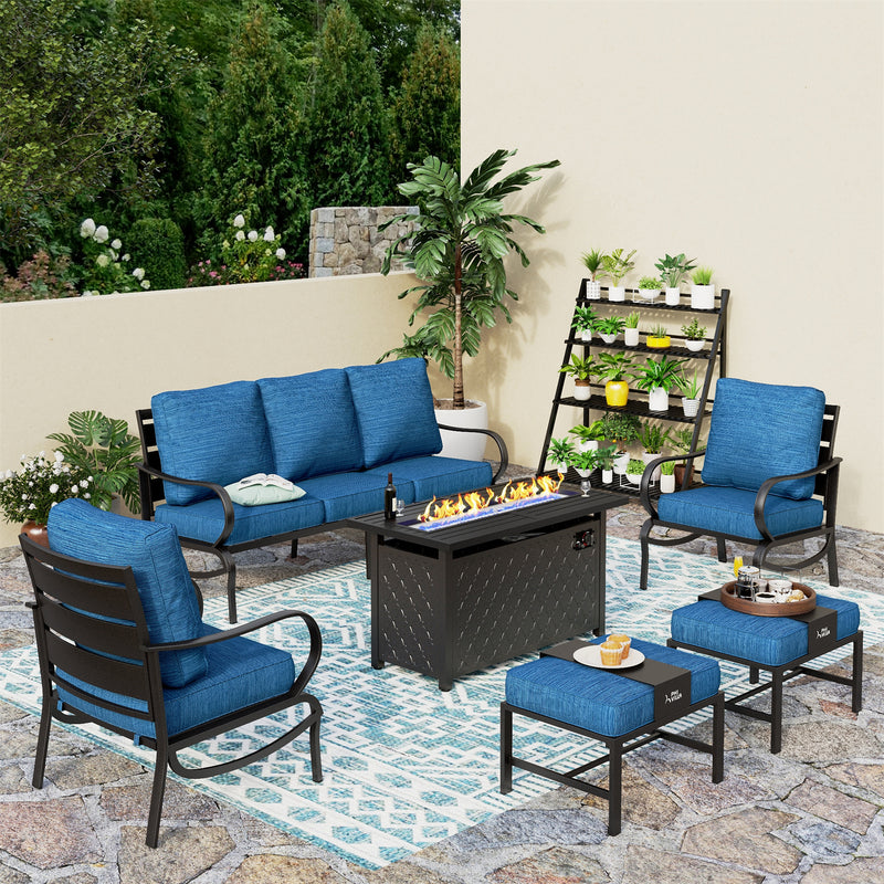 Phi Villa 7-Seater Patio Steel Conversation Sofa Sets With Leather Grain Fire Pit Table