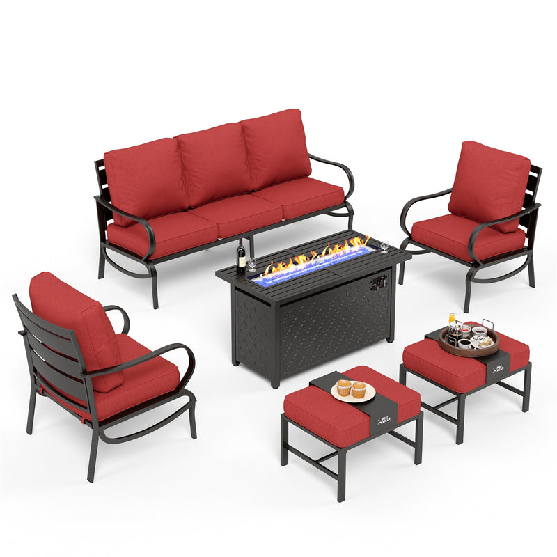 Phi Villa 7-Seater Patio Steel Conversation Sofa Sets With Leather Grain Fire Pit Table