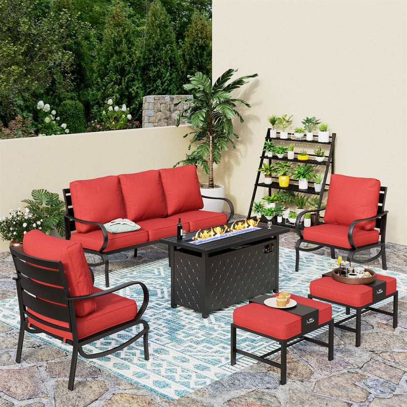 Phi Villa 7-Seater Patio Steel Conversation Sofa Sets With Leather Grain Fire Pit Table