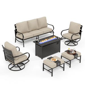 7-Seater Patio Metal Wave Sofa Sets with Fire Pit Table