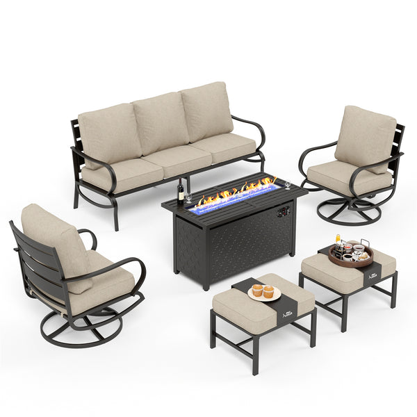 7-Seater Patio Metal Wave Sofa Sets with Fire Pit Table