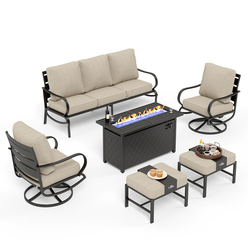 Phi Villa 7-Seater Patio Steel Conversation Sofa Sets With Leather Grain Fire Pit Table