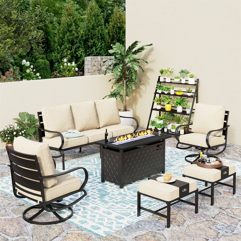 Phi Villa Outdoor Steel Swivel Sofa Sets With Leather Grain Fire Pit Table for Sale