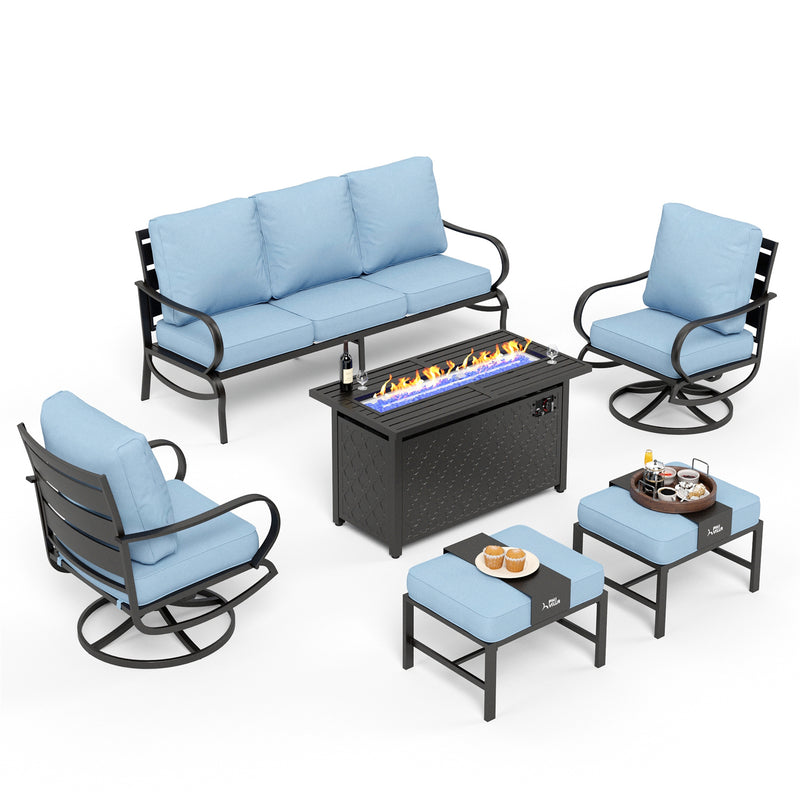 Phi Villa 7-Seater Patio Steel Conversation Sofa Sets With Leather Grain Fire Pit Table