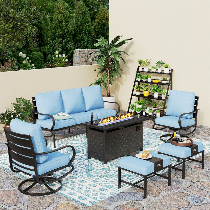 Phi Villa 7-Seater Patio Steel Conversation Sofa Sets With Leather Grain Fire Pit Table