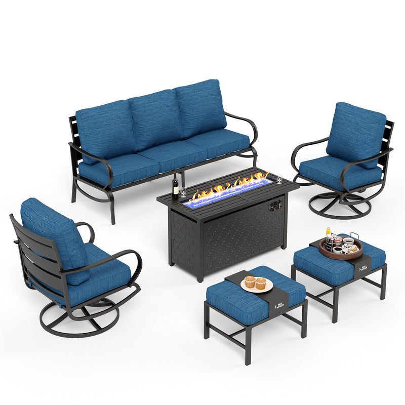 Phi Villa 7-Seater Patio Steel Conversation Sofa Sets With Leather Grain Fire Pit Table