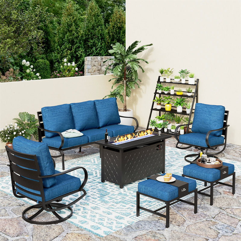 Phi Villa 7-Seater Patio Steel Conversation Sofa Sets With Leather Grain Fire Pit Table