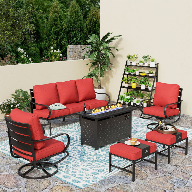 Phi Villa 7-Seater Patio Steel Conversation Sofa Sets With Leather Grain Fire Pit Table