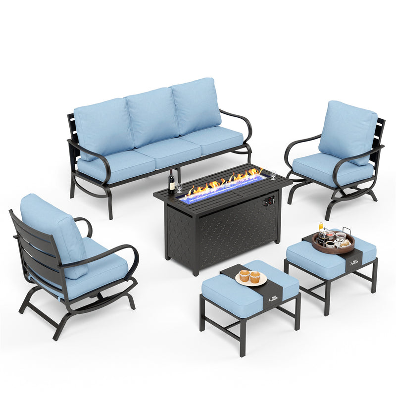 Phi Villa 7-Seater Patio Steel Conversation Sofa Sets With Leather Grain Fire Pit Table