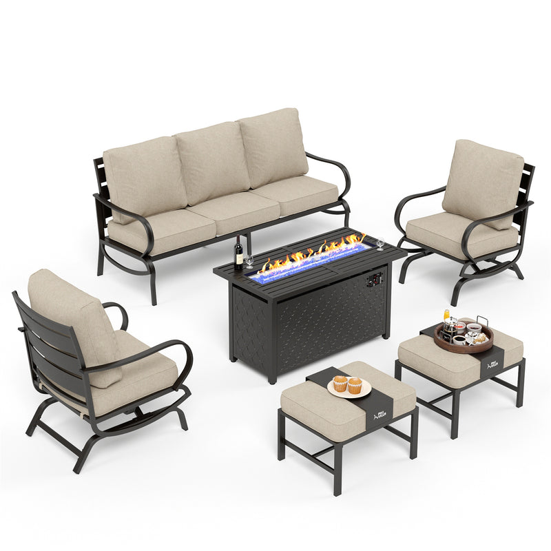 Phi Villa 7-Seater Patio Steel Conversation Sofa Sets With Leather Grain Fire Pit Table