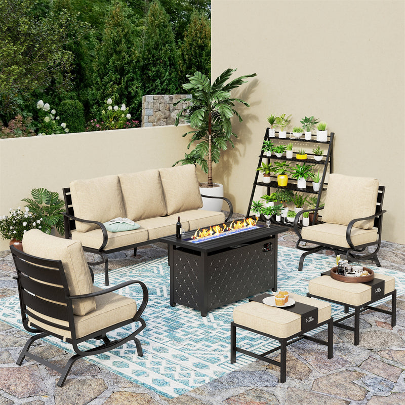 Phi Villa 7-Seater Patio Steel Conversation Sofa Sets With Leather Grain Fire Pit Table