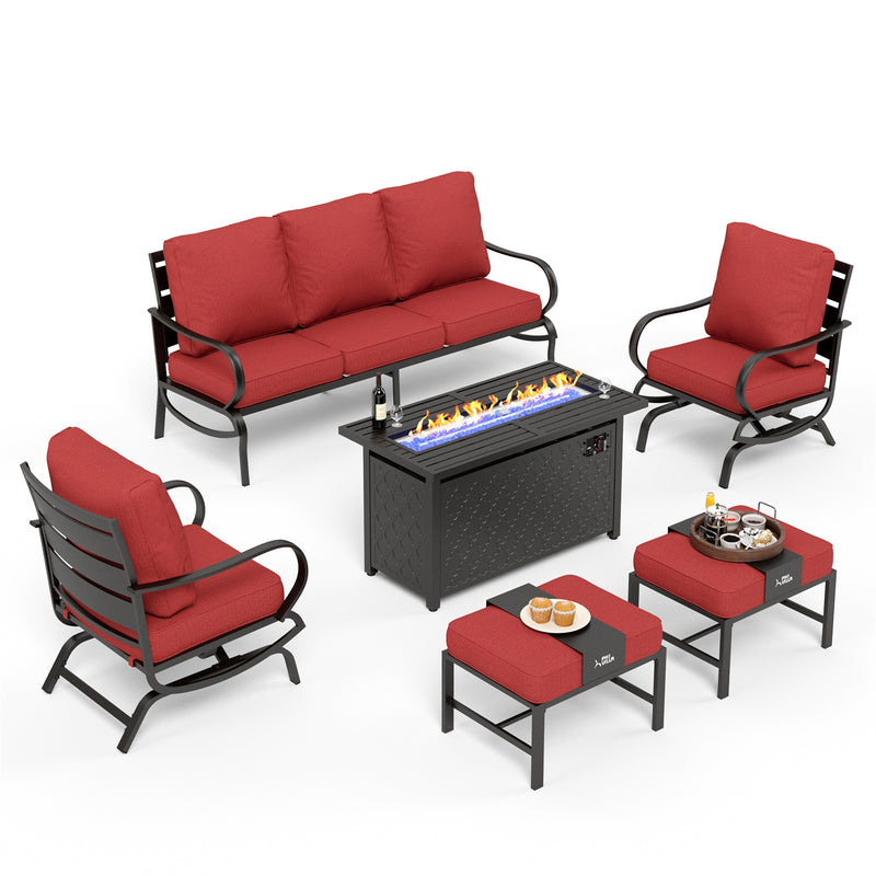 Phi Villa 7-Seater Patio Steel Conversation Sofa Sets With Leather Grain Fire Pit Table