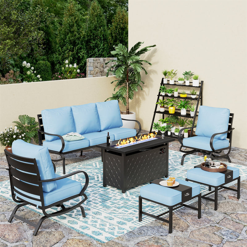 Phi Villa 7-Seater Patio Steel Conversation Sofa Sets With Leather Grain Fire Pit Table