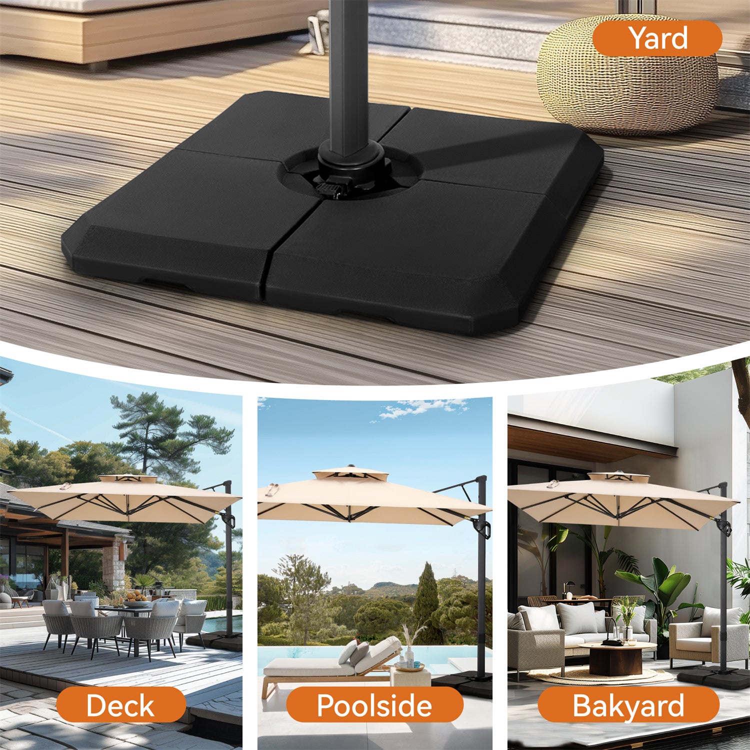 cantilever patio umbrella stand Best Choice Products 4-Piece Offset Base Stand, Fills Up to 160lbs w/ Carry Handles keeping them firmly in place even on breezy days 82 lbs. Black Plastic Square